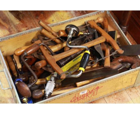 Box of joiners tools including braces, planes, chisels etc