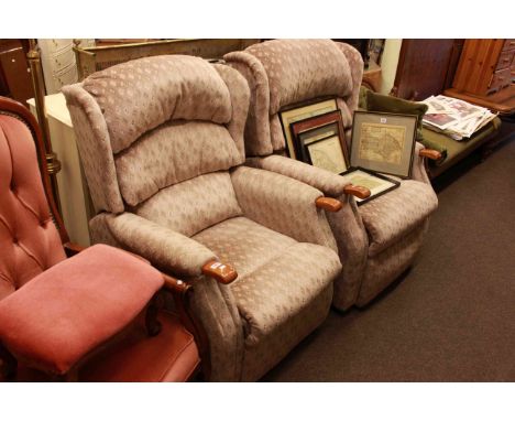 Pair of Celebrity electric reclining chairs in light brown diamond patterned fabric