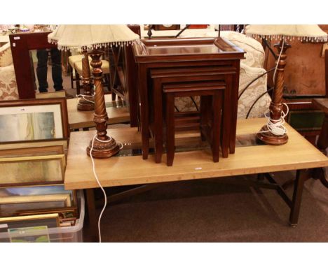 Mahogany nest of three tables, rectangular light oak and glass inset low centre table, iron headboard and framed mirror (4)