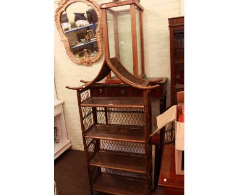 Oriental style bamboo and rattan open shelf unit glazed hanging display cabinet (2)