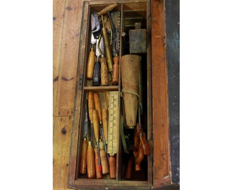 Pine joiners tool box and tools including chisels, planes etc