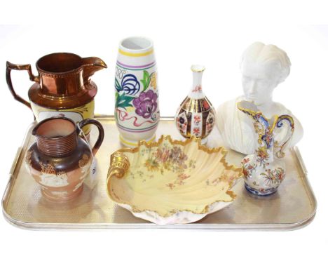 Royal Worcester Blush dish, Poole vase, Royal Crown Derby vase, Doulton Stoneware and Lustre jugs, ewer and bust