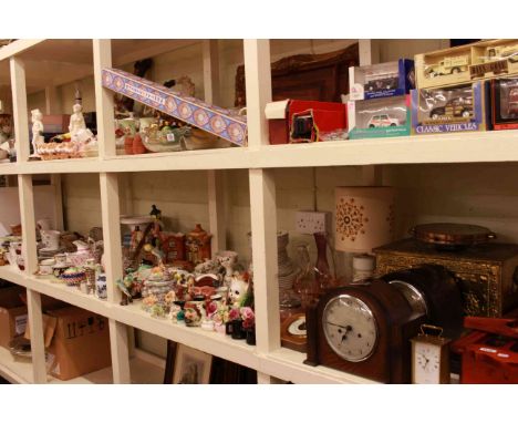 Large collection of glass, china, ornaments, mantel and wall clocks, brass log bin, pottery lamp etc