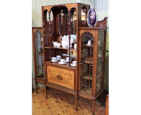 Sheraton Revival mahogany and satinwood inlaid breakfront cabinet, late 19th Century, having two central mirrors divided by a