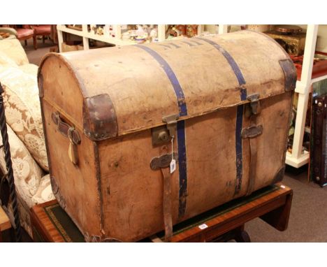 Dome topped travelling trunk bearing paper label for H.J Cave & Sons, 81 New Cavendish Street, London 