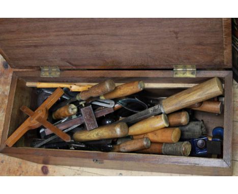 Mahogany tool box and tools including chisels, spoke shaves etc