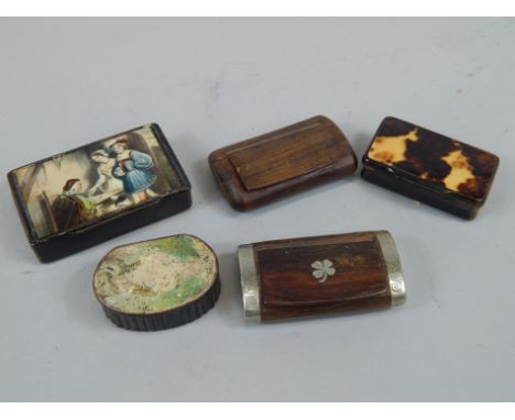Five snuff boxes, to include a 19thC rosewood and silver plated example, inlaid with an Irish shamrock, a papier mache snuff 
