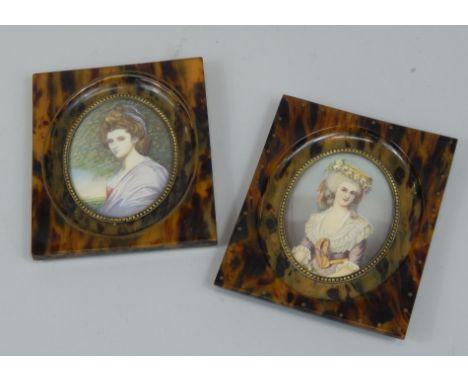 A pair of 20thC miniatures, each printed and painted with a portrait of a lady stamped Mason & Gaiso, within simulated tortoi