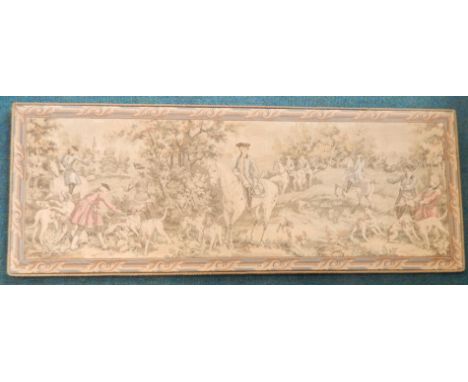 A machine woven tapestry, depicting a Continental hunting scene, 58cm x 152cm.