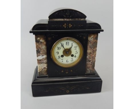 A French black slate and marble mantel clock, with enamel dial, 33cm high
