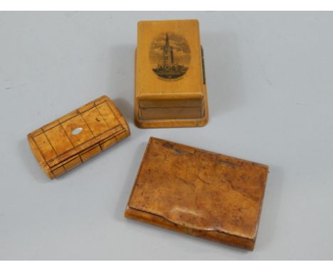 Three blond or pale wood boxes, to include a Mauchline example, printed with a scene of Grantham Church, a burr wood cigarett