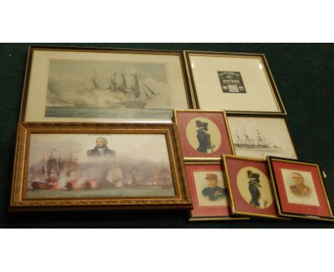 A reproduction lithograph after Scheltky of an American ship in battle, other prints, (8). Provenance: Butterfields, Thoresby