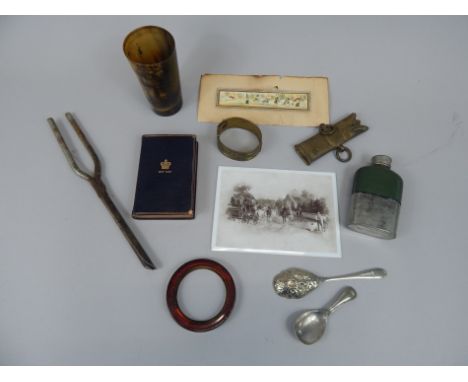 Miscellaneous items, to include a leather and silver plated hip flask, a horn beaker, a Queen Victoria commemoration prayer b