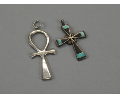A European crucifix, of elaborate design, possibly Danish, plain white metal, marked 925 and another part enamel crucifix, un