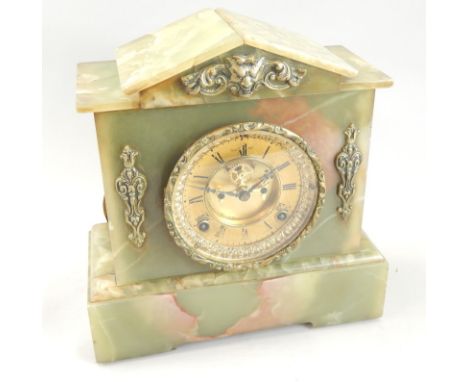 A French style onyx mantel clock, with gilt metal mounts, printed dial and movement stamped Ansonia patent, 28cm high
