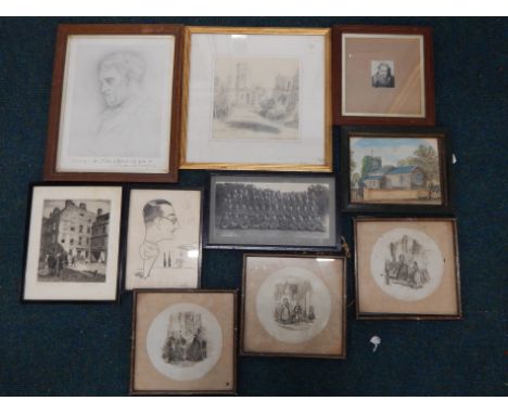 Various pictures and prints, to include an etching after Philip Pimlot, a cartoon, a 19thC pencil sketch of Montfort Lamory e