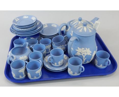 A large quantity of Wedgwood pale blue Jasperware teaware, to include teapot, coffee pot, cups, saucers, milk jug etc.