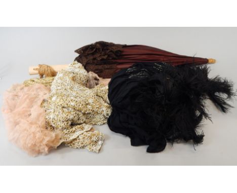 A collection of textiles, to include feathers, a beadwork parasol (AF).