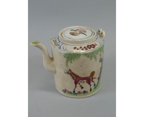 An Oriental style teapot, decorated in coloured enamels, with a horse, script mark to reverse and patch marks to underside, (