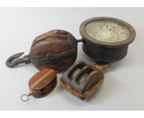 Various nautical related items, to include a ship's compass, a lignum ship's pully etc. Provenance: Butterfields, Thoresby Pa
