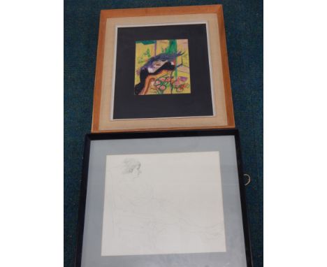 Jacky Ball. Lady beside flowers, watercolour, 25cm x 20cm, and an unsigned nude pencil sketch. (2)