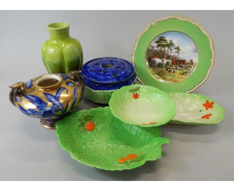 A collection of ceramics, to include a Bretby green glazed vase, a Doulton style two handled vase, (AF), a Spode plate, after