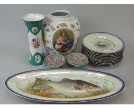 Various ceramic items, to include a Limoges style Czechoslovakian fish service, a Dresden type vase, decorated with flowers, 