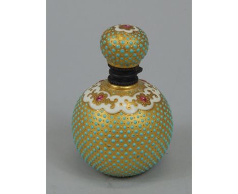 A Coalport porcelain scent bottle, with raised enamel decoration, in turquoise, pink etc., on a gilt ground, retailed by Soan