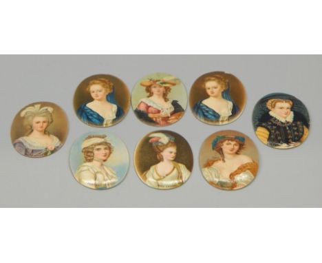 A collection of eight Wills miniature cigarette card portraits, overseas issue, Sarah Jennings (2), Madame Cail, Marie Antoin