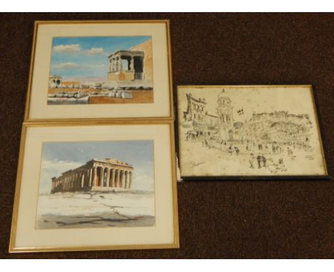20thC Greek School.  The Parthenon, watercolour, bearing monogram, 24cm x 30cm, another similar work and a print of Athens (3
