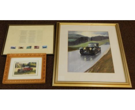 A framed set of five stamps, relating to Malcolm Campbell and Donald Campbell, a print signed W R Putt etc. (3). Provenance: 