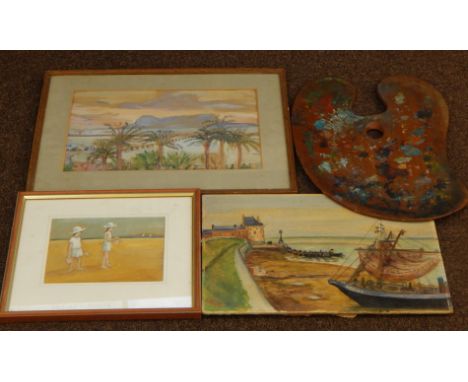 20thC School.  Tropical scene with palm trees etc., watercolour, unsigned, a picture depicting two children playing on sand, 