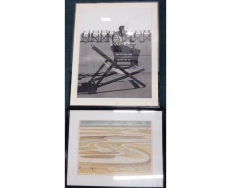 After Pamela Hughes.  Sands, Norfolk, mono print, 37cm x 52cm, and another artist signed print after Tom Dillon, portrait of 