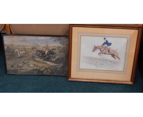 After Cecil Aldin. Huntsmen jumping a drystone wall, coloured print, 27cm x 35cm and a later coloured 19thC print in the mann