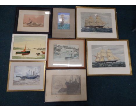 Various pictures and prints, to include a 19thC watercolour depicting a sailing ship, Choppy Seas, a similar scene signed by 