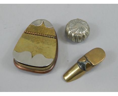 Three small boxes, to include a brass and copper snuff box with silver plated mounts, initialled S, a shoe shaped box, and a 