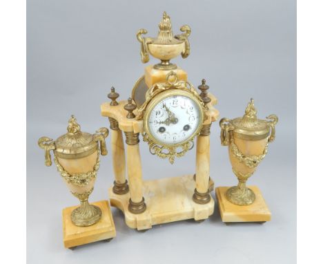 A 19thC French clock garniture, the central clock with a white enamel dial, painted with swags, on turned Sienna type marble 