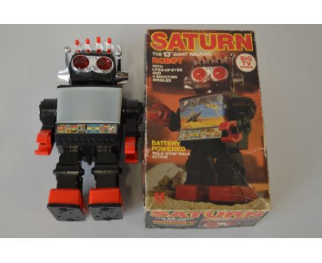 A BOXED KAMCO SATURN PLASTIC BATTERY OPERATED ROBOT, No.1981, circa 1970's/1980's, complete with four missiles, not tested, h