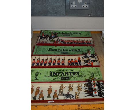 THREE BOXED SETS OF BRITAINS SOLDIERS, Royal Irish Regiment, No.156, Scots Guards, No.75, Our Territorial Army Infantry (serv