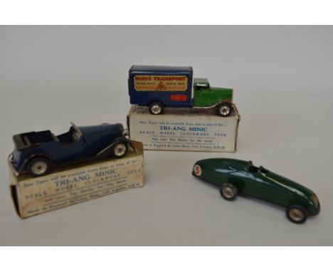 THREE BOXED AND UNBOXED TRI-ANG MINIC CLOCKWORK TINPLATE VEHICLES, Vauxhall Tourer, No.17M, missing key, some wear, box missi