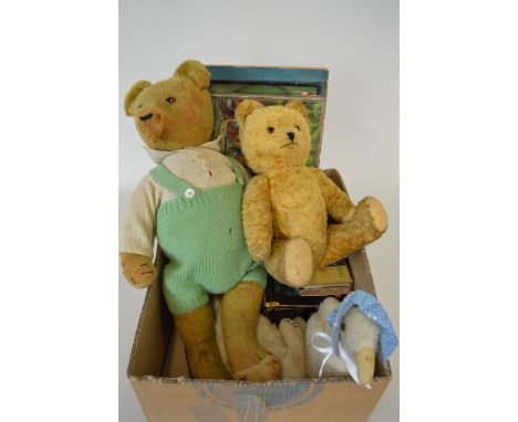 A BOX OF ASSORTED TOYS AND TEDDIES, to include a boxed Magic Lantern with slides, a boxed Auto-Magic picture gun, a Lindstrom