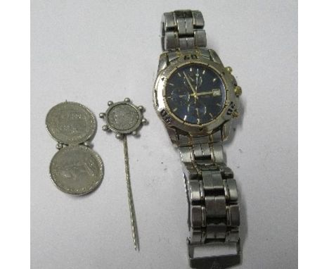 Accurist, a gentleman's two colour Chronograph bracelet watch, together with a coin mounted stickpin and a coin mounted brooc