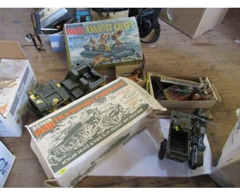 A collection of Action Man and similar ephemera, to include motor bike with machine gun mounted side car, jeeps, landing craf