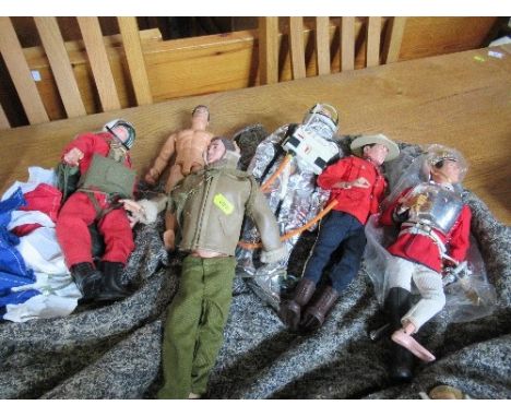 A collection of six Action Man figures, all incomplete, to include Horse Guard, Canadian Mountie, spaceman, paratrooper with 