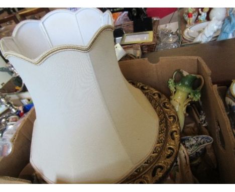 A box of assorted ceramics, together with a mirror and a lamp shade