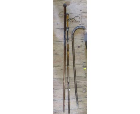 An antique sword stick, with bamboo shaft, length 39ins, together with a hardwood tribal stick with twisted decoration, lengt