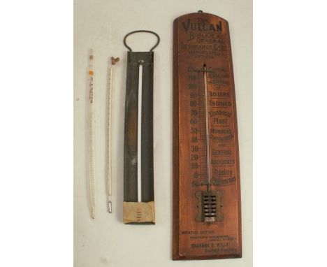 An advertising thermometer, The Vulcan Boiler &amp; General Insurance Co. Ltd Manchester, on a pine back, height 21.5ins, tog