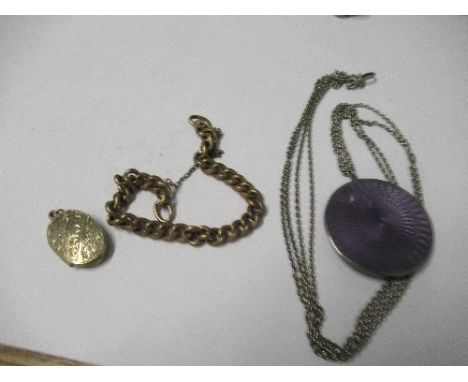 A circular purple enamel powder locket, on a chain, together with a metal oval locket, and a metal bracelet