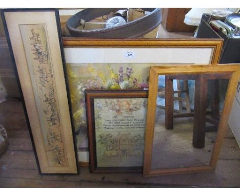 A colour print of flowers, a print of a tapestry sampler, an Antique hunting print and a pine framed wall mirror