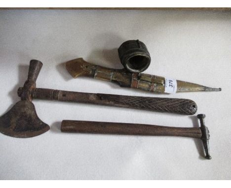 An Eastern dagger with horn handle and brass scabbard, an axe and two other items